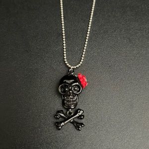 Black Skull Necklace with Red Rose & Rhinestones